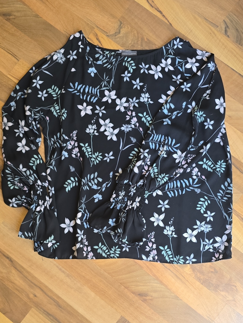 Vince Camuto Women's Black Floral Split-Sleeve Blouse Sz S